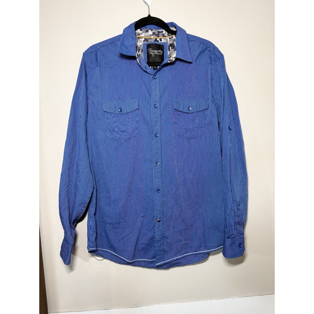 Tranquility Mayhem Button Up Shirt Men's Large Blue Striped Pockets Long Sleeve